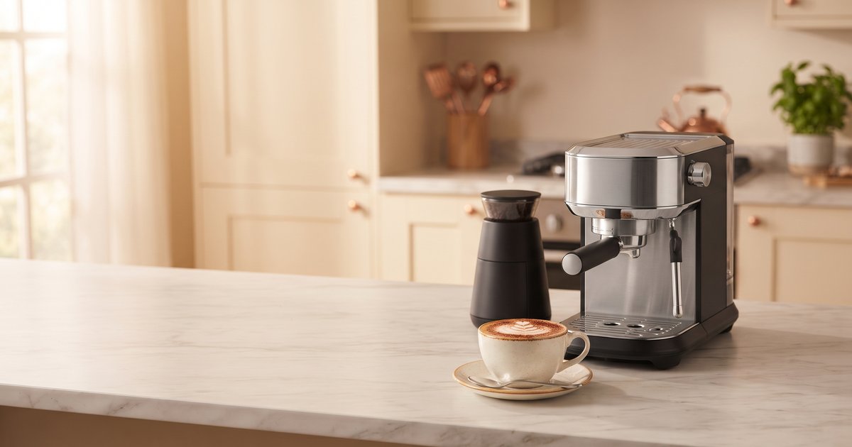 Espresso machine and cappuccino on a kitchen counter