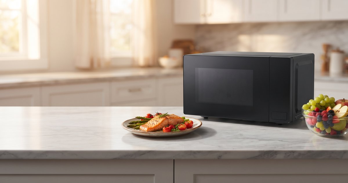 Microwave oven on a kitchen counter with salmon and fruit