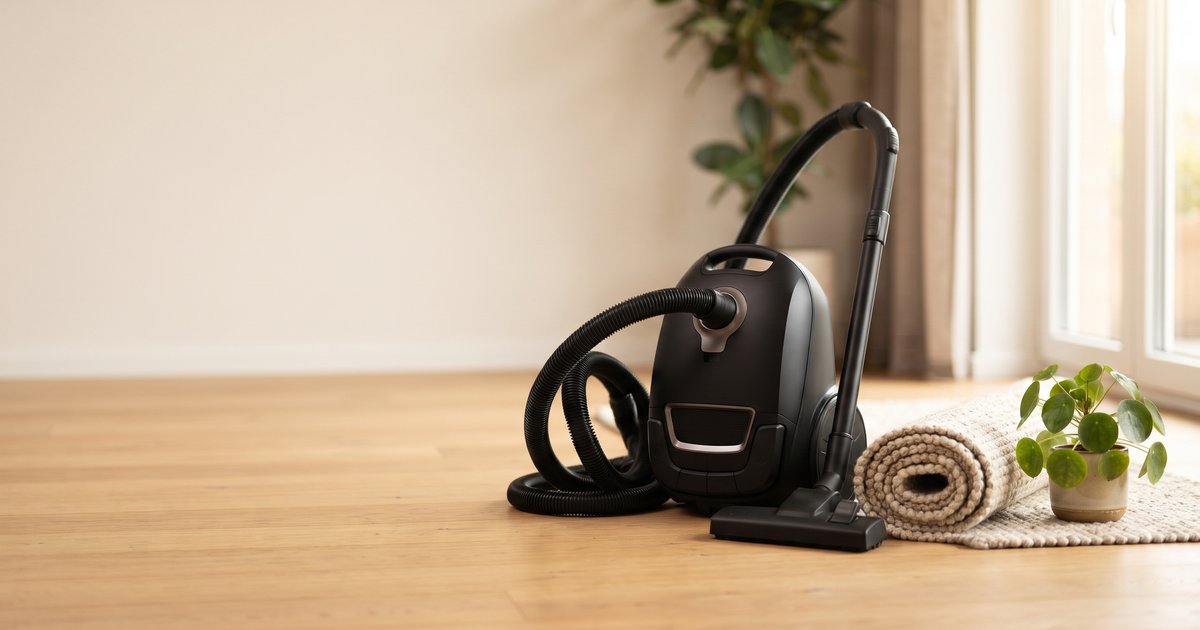 Bagged vacuum cleaner on a wooden floor beside a rolled rug